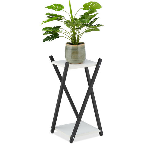 Relaxdays Soporte Macetas, 2 Baldas Efecto Madera, Metal, Taburete Plantas Moderno, 57 x 29 x 29 cm, Negro/Blanco