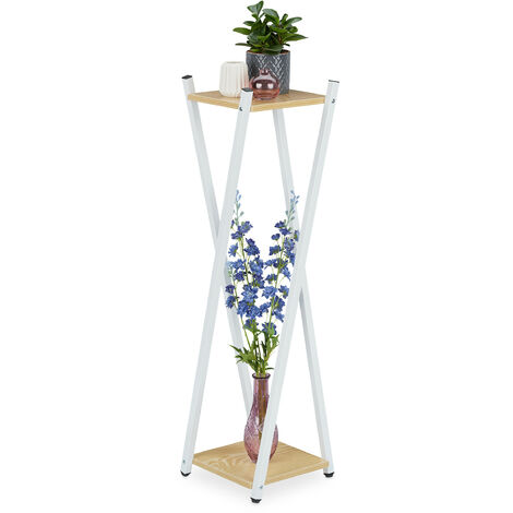 Relaxdays Soporte Macetas, 2 Pisos Efecto Madera, Metal, MDF, Taburete Plantas Moderno, 99x29x29cm, Blanco/Marrón Claro