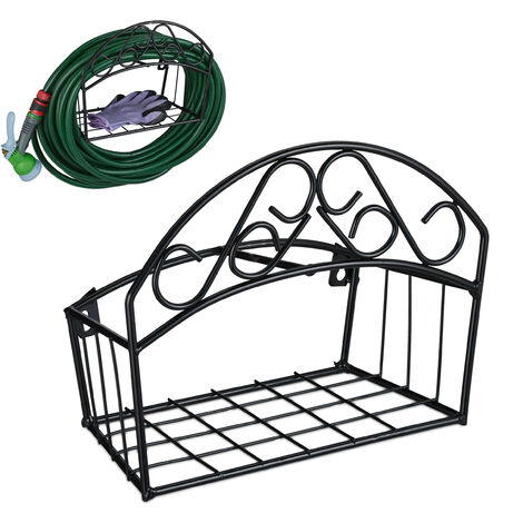 Relaxdays Soporte Mangueras, Montaje Pared, para 30 m y 5/8", Cuelgamangueras Acero, Portamanguera Metal Cuadrado, Negro