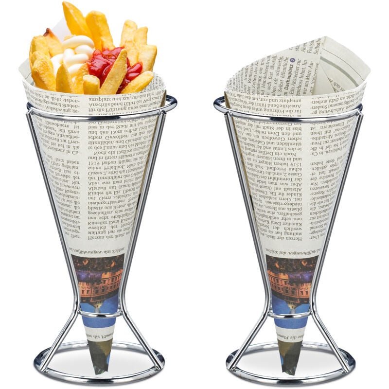 Support cornet de frites, lot de 20, inox, pour snacks, chips, légumes, pratique, HxD 16 x 9,5 cm, argenté