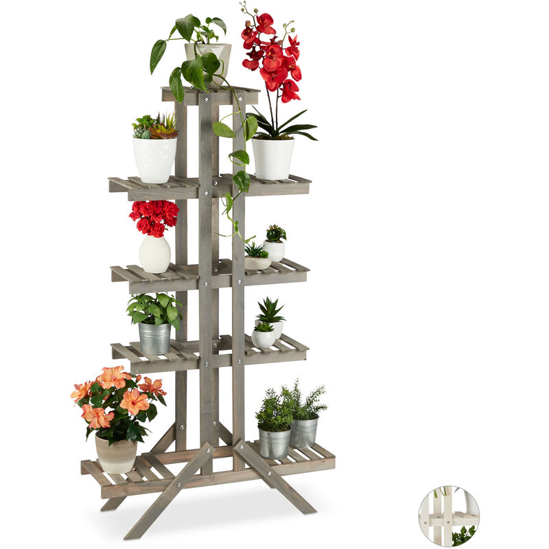 Escalier à fleurs, Étagère bois, Escalier plantes, 5 niveaux, intérieur, Shabby,142x83x25 cm, gris - Relaxdays