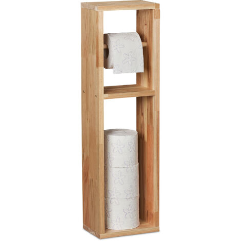 Relaxdays Soporte Rollos Baño, Madera Nogal, Montaje a la Pared o de Pie, Porta Rollos Recambio, 70x20x13 cm, Natural