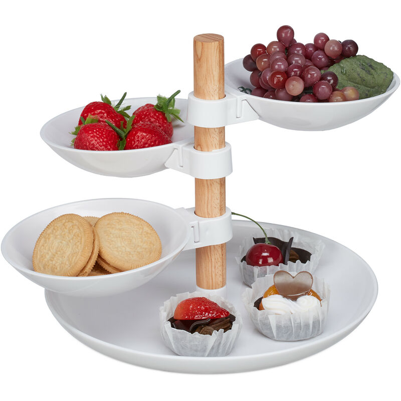 Soporte Tartas, 4 Pisos, Plástico y Madera, Bandejas Pasteles o Quesos, Platos Giratorios, Blanco y Natural - Relaxdays