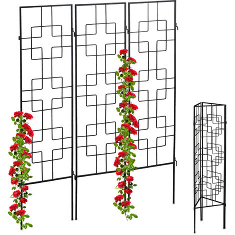Relaxdays Soportes Plantas Metálicos, Set de 3, con Estacas, Enrejado para Trepadoras, 122 x 30,5 cm, para Jardín, Negro