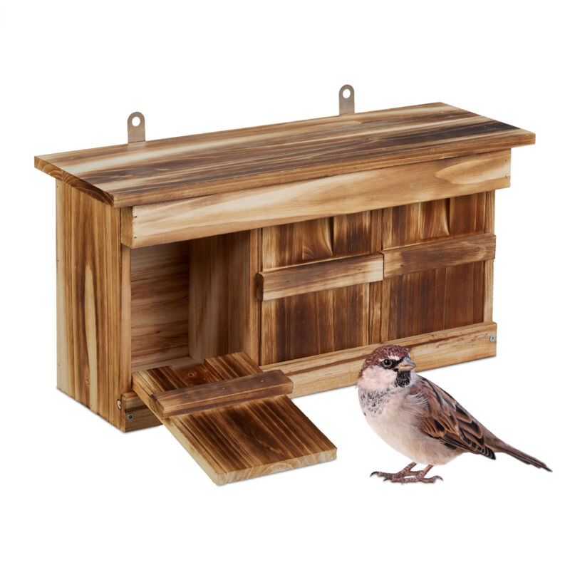 Relaxdays - Nesting Box For Sparrows, 3 Chambers, Fir Wood, Entrance Hole Hxw, 3x2 Cm, Birdhouse, Bird Shelter, Brown