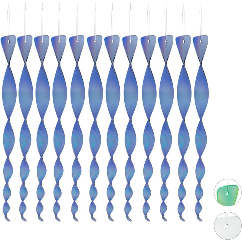 Relaxdays - Bird Repellent Spiral, Set of 12, Reflective, Balcony & Garden, Wind Spinner, Length 40 cm, Deterrent, Blue