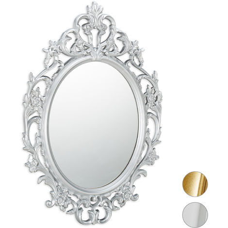 Relaxdays Specchio Vintage Barocco, Specchio Ovale da Parete, Specchio Antico, Design moderno, argento