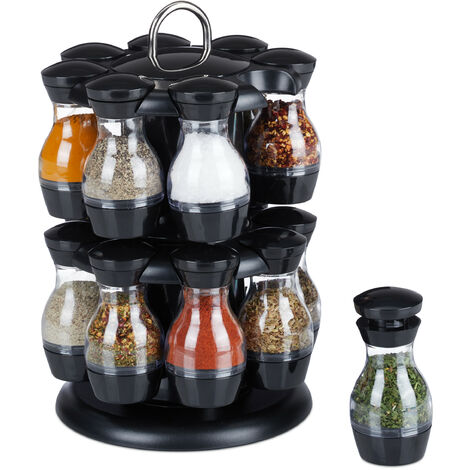 Relaxdays Spice Carousel, 16 Transparent Herb Jars, Rack 360° Rotatable, HxØ: 29 x 19 cm, made of Plastic, Black/Silver