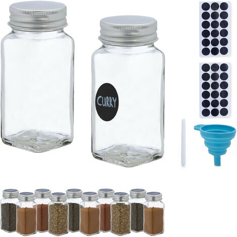 Relaxdays Spice Jars, Set of 12, Sprinkling Insert, Glass Herb Containers, 120 ml, Labels, Pen & Funnel, Transparent