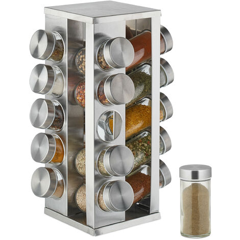 Relaxdays Spice Rack, 20 Glass Jars, Rotatable, Stainless Steel, H x D: approx. 33 x 20 cm, Silver