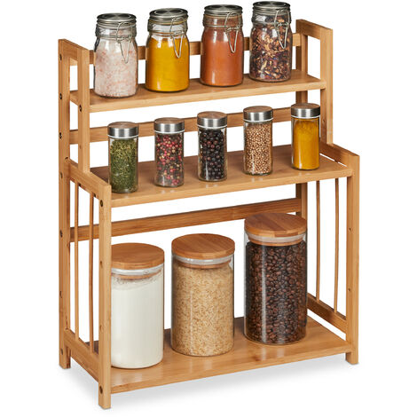 Relaxdays Spice Rack Bamboo, Adjustable, Kitchen Organiser, Space-Saving, 3 Shelves, HxWxD: 50 x 41.5 x 18 cm, Natural
