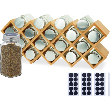 Relaxdays spice rack, bamboo, HWD: 25.5x43x9.5 cm, jars, labels, pen, spice stand, worktop, kitchen, natural