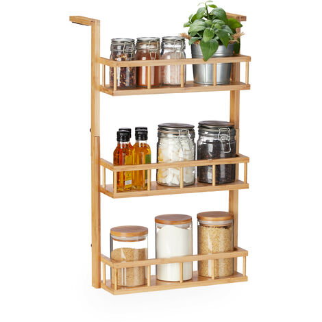 Relaxdays Spice Rack, for Hanging & Standing, Kitchen Cabinet, Worktop, 3 Shelves, Bamboo, HWD: 68x43x24 cm, Natural