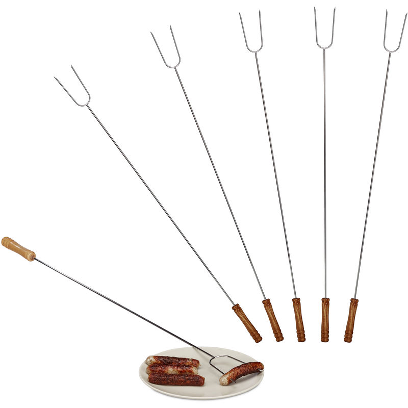 Relaxdays - Spiedi da Barbecue, Set da 6 Forchettoni con Manico in Legno, Universali, L:80 cm, acciaio, argento/naturale