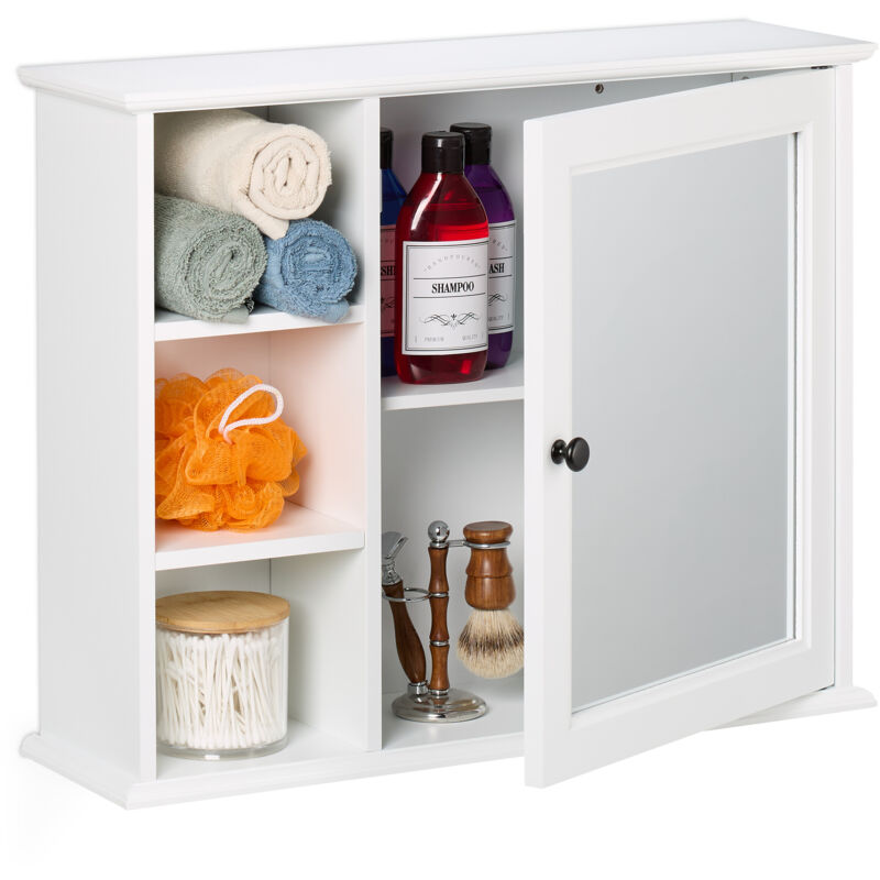 Spiegelschrank, 3 Offene Fächer, 2 Schrankfächer, H X B X T, 48 X 60 X 18 Cm, Badezimmer Hängeschrank, Weiß - Relaxdays