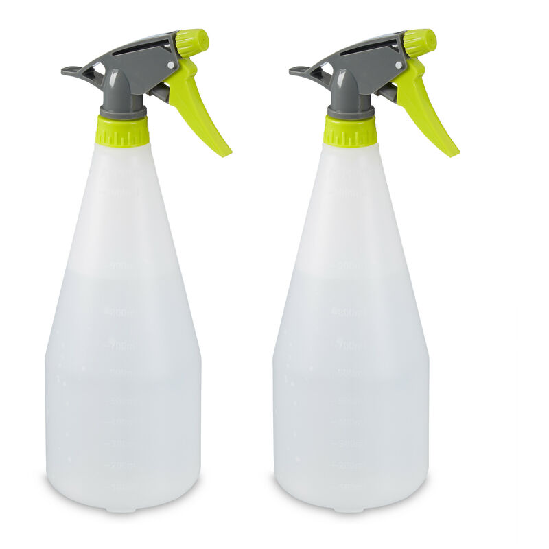 Spray vide, lot de 2, brume et jet, gradué, rechargeable, plastique, pulvérisateur 1 l, vaporisateur, blanc - Relaxdays