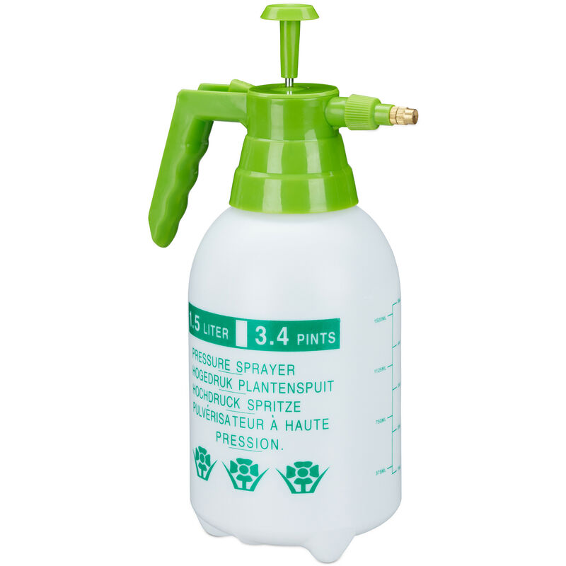 Spruzzatore a Pressione da 1,5 Litri, Ugello Regolabile in Ottone, da Giardino, Pesticidi, pe, Bianco Verde - Relaxdays