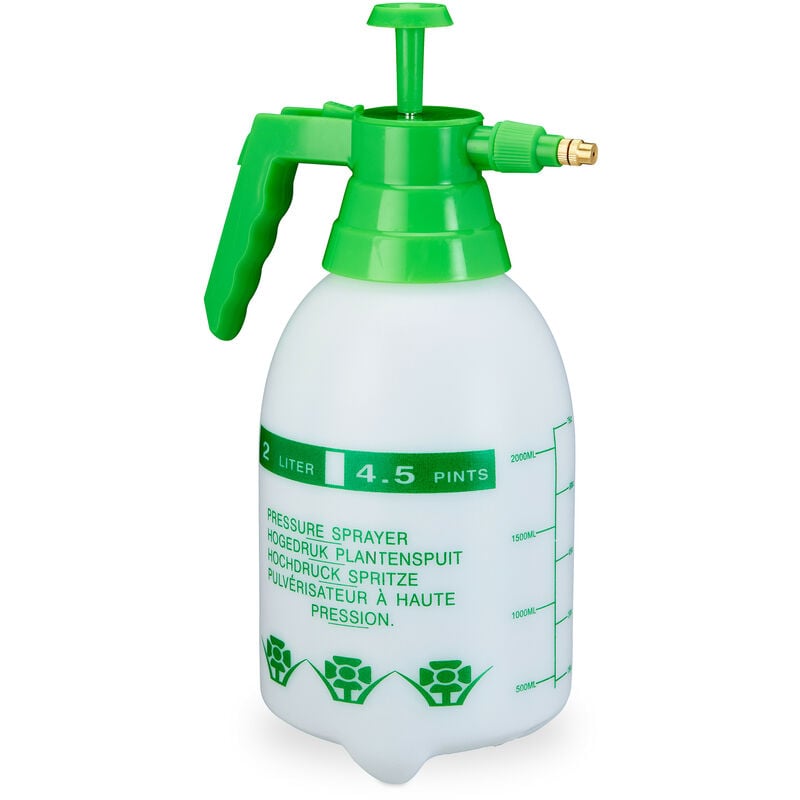 Relaxdays - Pressure Sprayer, 2 Litres, Adjustable Brass Nozzle, Water & Pesticides, Cleaning, Pump Spray Bottle, Green