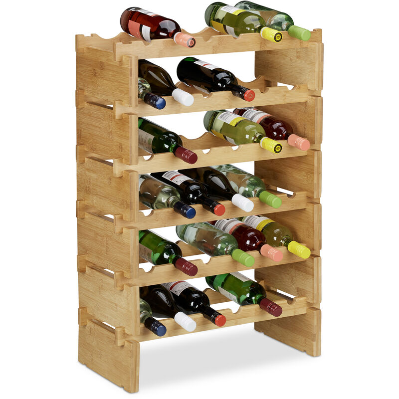 Stackable Wine Rack, Bamboo Holder for 36 Wine Bottles, Extendable, 6-Tier, Natural - Relaxdays