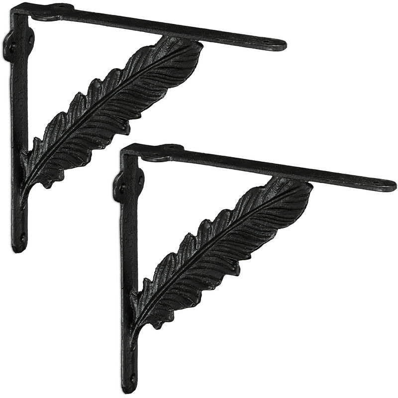 Relaxdays - Set of 2 Shelf Brackets, Cast Iron, Rack Support, Feather Form, hwd: 19 x 4 x 21 cm, Angle for Shelves, Black