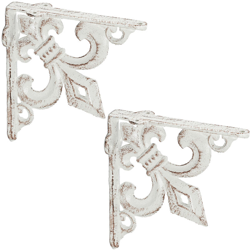 Relaxdays - 2x Shelf Brackets, Cast Iron, Rack Support, Vintage Look, hwd: 14.5 x 3.5 x 14.5 cm, Angle for Shelves, White