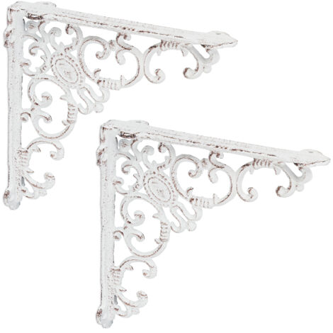 Relaxdays Staffe per Mensole, Set da 2 Supporti dal Design Barocco, Reggimensola Angolari per Scaffali, Vintage, Bianco