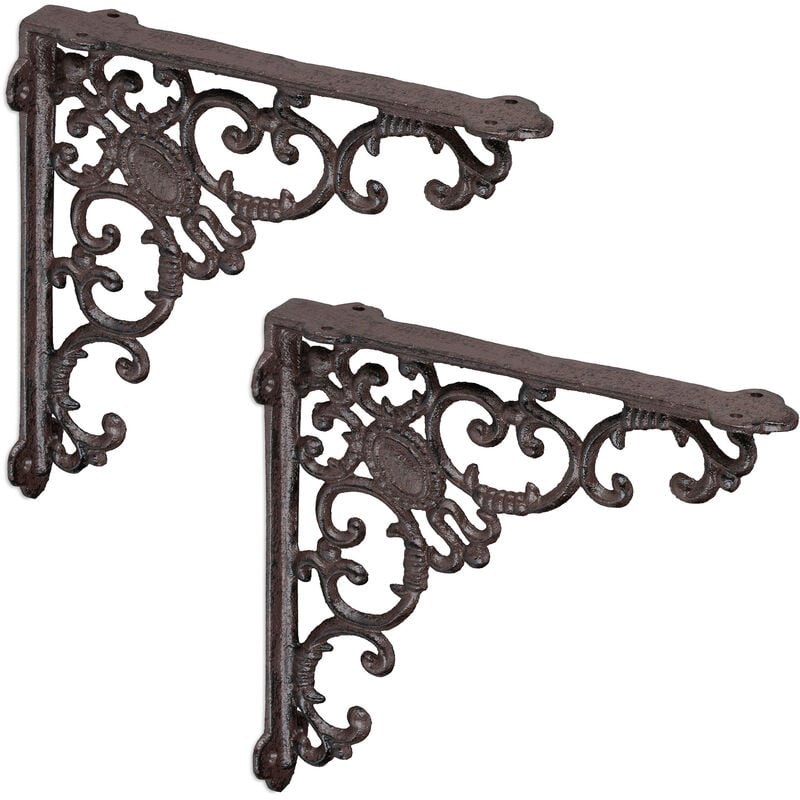 Relaxdays - 2x Shelf Brackets, Cast Iron, Rack Support, Vintage Motif, hwd: 21.5 x 4 x 21.5 cm, Angle for Shelves, Brown
