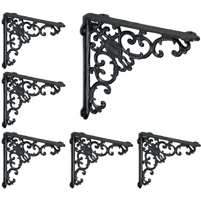 Relaxdays 6x Shelf Brackets, Cast Iron, Rack Support, Vintage Motif, Hxwxd, 21.5 X 4 X 21.5 Cm, Angle For Shelves, Black