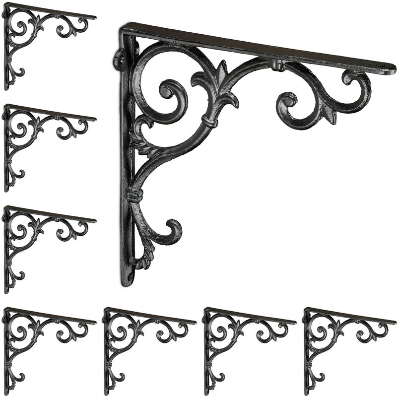 Relaxdays 8x Xl Shelf Brackets, Cast Iron, Rack Support, Vintage Motif, Hwd, 26 X 5 X 26 Cm, Angle For Shelves, Black