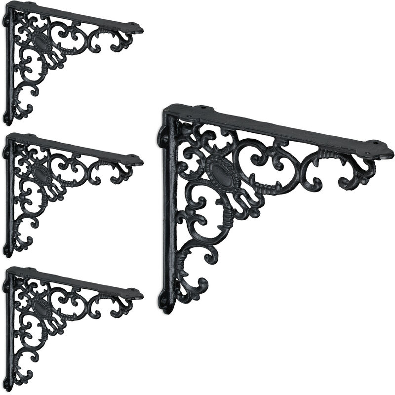Relaxdays 4x Shelf Brackets, Cast Iron, Rack Support, Vintage Motif, Hxwxd, 21.5 X 4 X 21.5 Cm, Angle For Shelves, Black