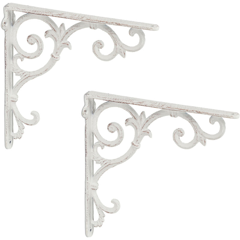Relaxdays - 4x Shelf Brackets, Cast Iron, Rack Support, Vintage Motif, Hwd, 24.5 X 4 X 24.5 Cm, Angle For Shelves, White