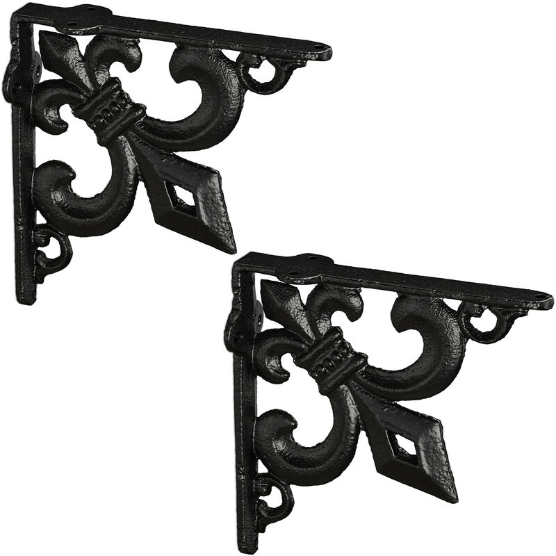 Relaxdays - 2x Shelf Brackets, Cast Iron, Rack Support, Vintage Look, hwd: 14.5 x 3.5 x 14.5 cm, Angle for Shelves, Black