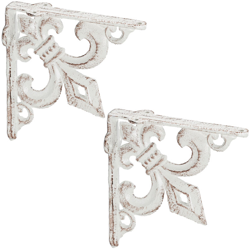 Relaxdays 8 X Antique Shelf Brackets, Cast Iron Supports, Lily Ornament, Vintage Wall Brackets For Shelves, White