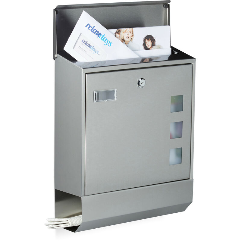 Relaxdays - Stainless Steel Letterbox with Newspaper Slot, Name Plate, Viewing Window, HxWxD: 42 x 35 x 12.5 cm, Design, Silver