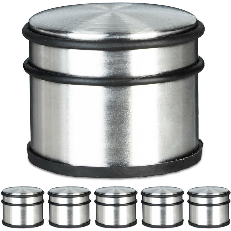 Relaxdays 6x Tall Door Stop, Stainless Steel, Large, Rubber Protectors, Heavy Doorstop, HWD: 7.5 x 9.5 x 9.5 cm, Silver