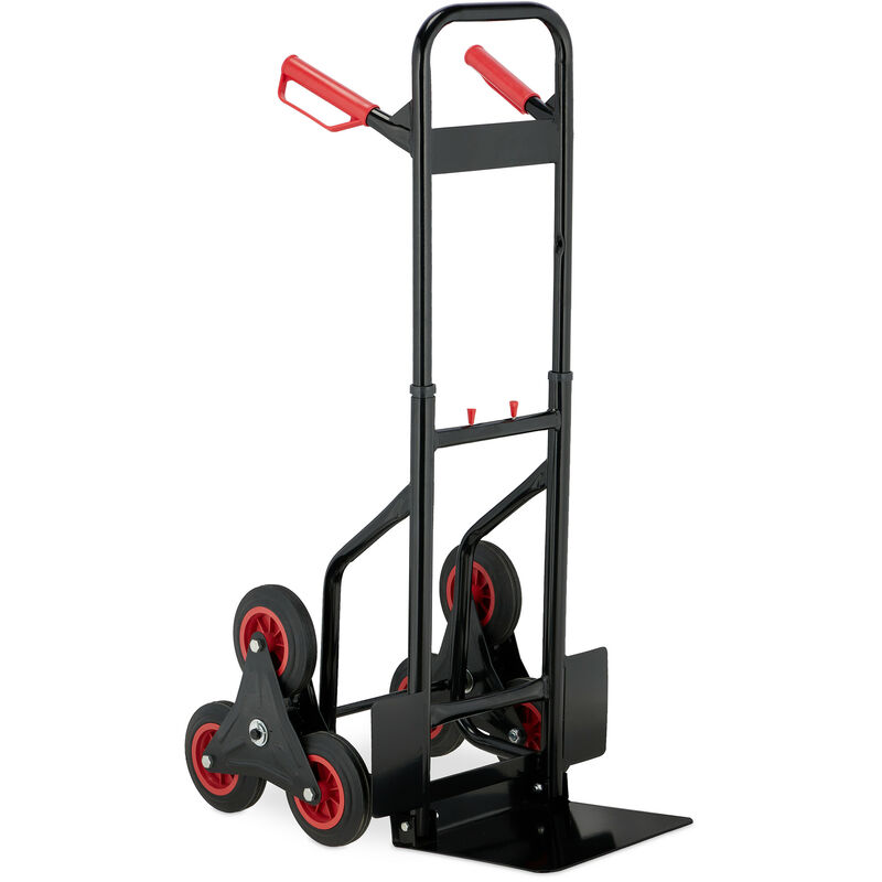 Stair Climbing Hand Truck, Folding Cart, up to 200 kg, Solid Rubber Tyres, Height Adjustable, Black/Red - Relaxdays