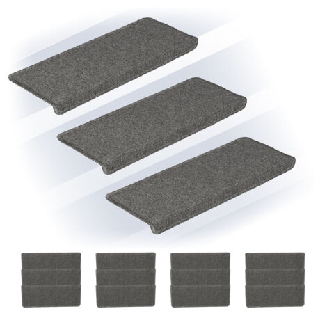 Relaxdays Stair Treads, Set of 15, Rectangular Step Mats, 65 x 24 cm, Self-Adhesive, Non-Slip, Carpet Runner, Grey