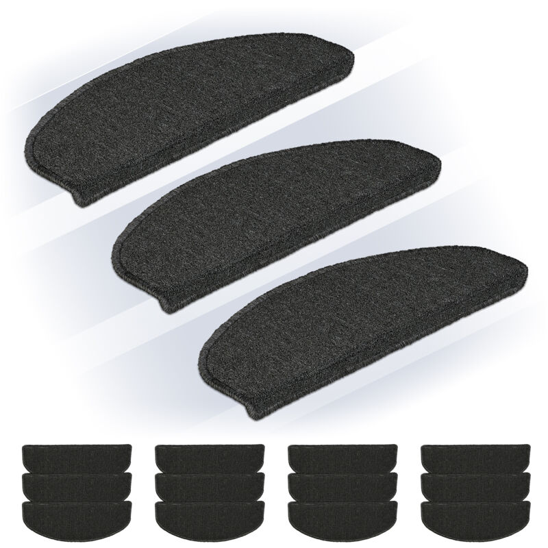 Relaxdays Stair Treads, Set Of 15, Rounded Step Mats, 65 X 24 Cm, Self-adhesive, Non-slip, Carpet Runner, Dark Grey