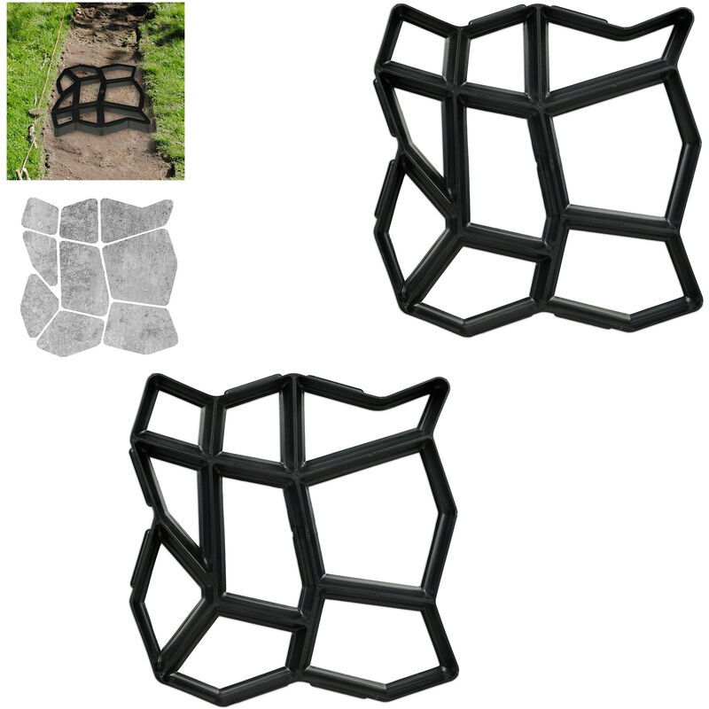 Relaxdays 2 X Paving Mould, 9 Chambers, Hxwxd, 4 X 42 X 42 Cm, Painting Stones, Garden Treads, Concrete Pouring Shaper, Black