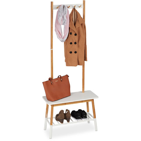 Relaxdays Standing Coat Stand Bamboo, Scandinavian Design, Standing Cloak Rack With Bench, 170x70x30 cm, White/Natural