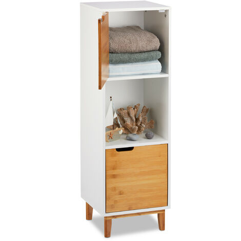 main image of "Relaxdays Standing Shelf, Scandinavian Bookcase with Door, MDF and Bamboo Side Cabinet, HWD 101x32x30 cm, White"