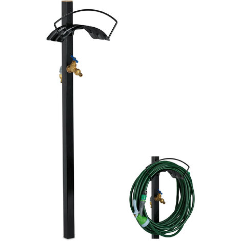 Relaxdays Standing Tap with Hose Pipe Holder, for 45 m Hosepipe, 2 x 3/4" Connectors, 107.5 x 33 x 18 cm, Steel, Black