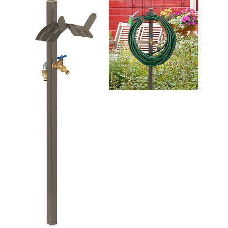 Relaxdays Standing Tap with Hose Pipe Holder, Hanger, for 45 m Hosepipe, 2 x 1/2" Adapter, 107.5 cm Tall, Steel, Brown