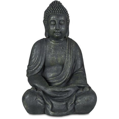 Relaxdays Statua del Buddha Seduto, Figura da Giardino Alta 70 cm, Resistente alle Intemperie e Gelo, Poliresina, Grigio
