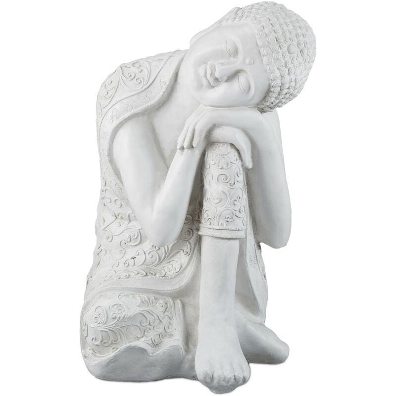 Relaxdays - Statue Bouddha, résistant aux intempéries et au gel, déco de jardin, grande, 60 cm de haut, polyrésine, blanc