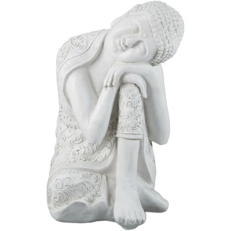 Relaxdays Statue Bouddha, résistant aux intempéries et au gel, déco de jardin, grande, 60 cm de haut, polyrésine, blanc