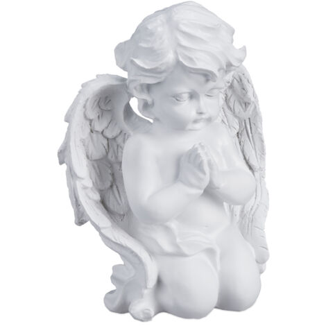 Relaxdays Statuetta Angelo Seduto in Preghiera, Statua Commemorativa Resistente al Gelo per Giardino, Poliresina, Bianco