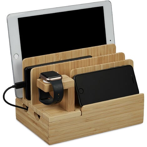 Relaxdays Stazione di Ricarica Multipla, Docking Station per Apple Watch, Tablet e Smartphone, 15x21,5x15 cm, Naturale