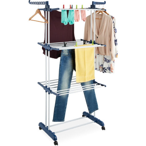Relaxdays Stendibiancheria Verticale, Stendino Pieghevole a Torre con Ruote HLP: 179x126x63,5 cm, in Metallo, Bianco Blu