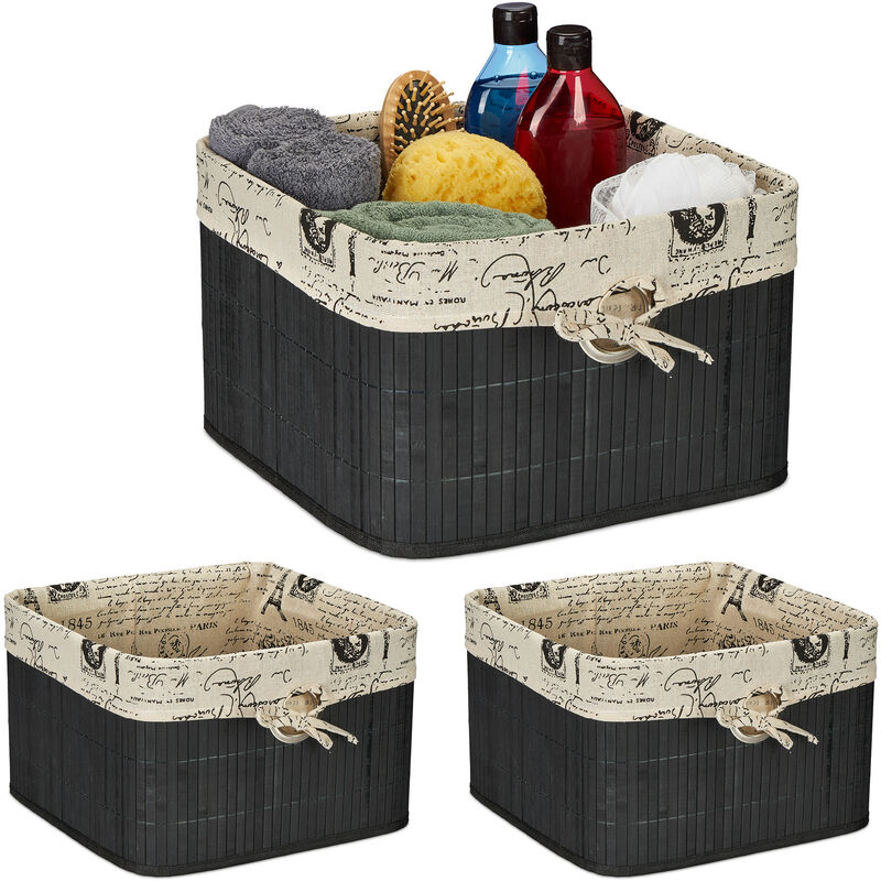 Relaxdays Set Of 3 Storage Baskets, Bamboo & Polyester, 20 X 31 X 31 Cm, With Handle Hole, Fabric Lining, Black/cream